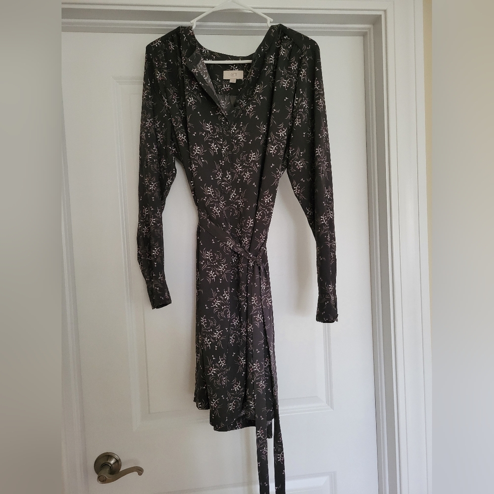 Loft Outlet Gray/Pink Floral Tie Waist Long Sleeve Dress - Size L